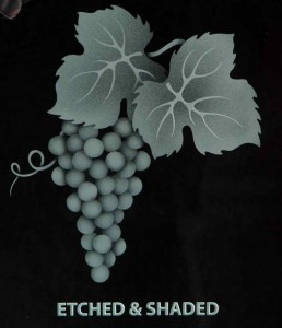 A cluster of grapes that has been "etched & shaded". This method provides wonderful "definition" or "depth" of the images within the deign, but they are "two dimensional" only.
