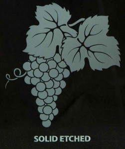 This grape cluster is "solid etched", a single-stage sandblast. The design elements are "solid" white, with no clear areas or "shading".