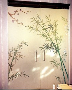 etched decorative architectural art glass frameless door bamboo forest "Bamboo Forest" Frameless, all glass entry doors. Carved & painted with a solid frosted background for privacy.