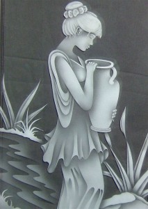 etched decorative glass window young girl clay pot stream