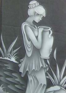 etched decorative glass window young girl clay pot stream etched decorative glass window young girl clay pot stream