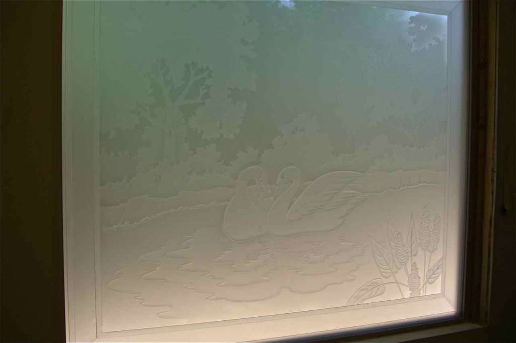 etched glass window swans lake trees landscape etched glass window swans lake trees landscape
