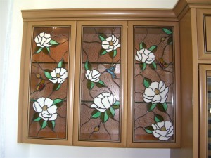 stained glass cabinet insert sans soucie hummingbird magnolias "Magnolias & Hummingbirds" custom cabinet glass.