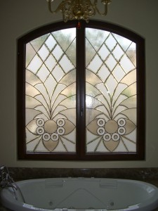 stained glass window sans soucie arabesque bevels "Arabesque Bevels" tub windows, private residence The Hideaway, La Quinita, California