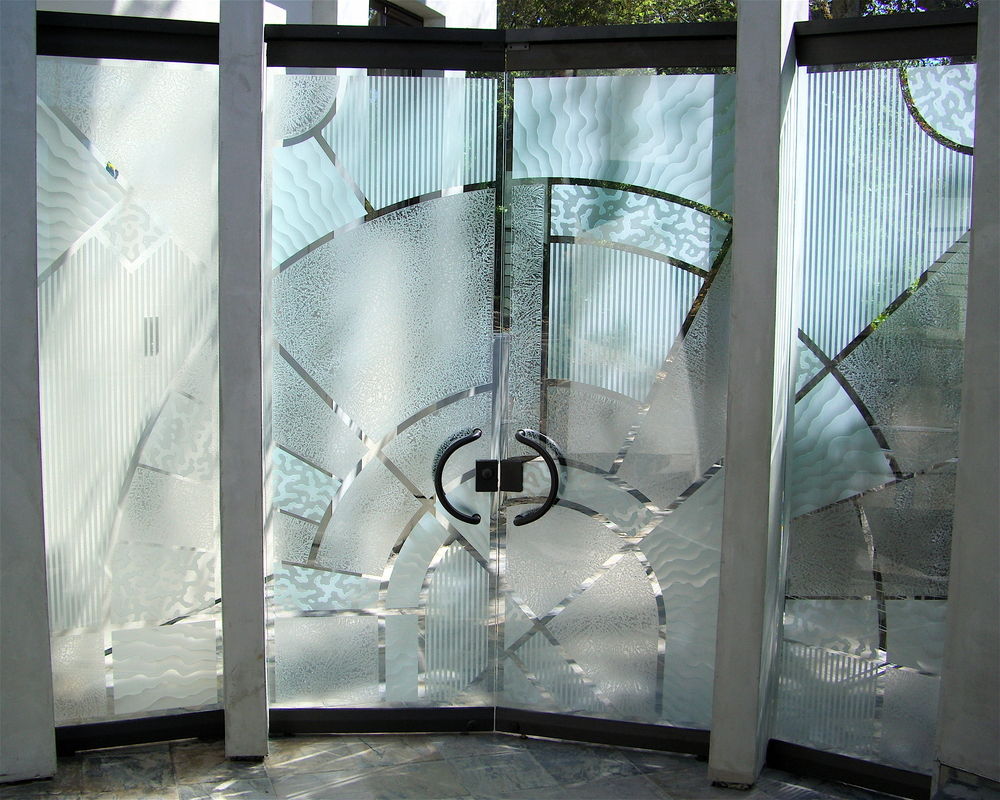 etched decorative architectural art glass frameless door geometric matrix All Glass, Frameless Courtyard Entry System
