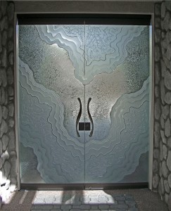 etched decorative architectural art glass frameless door metamorphosis "Metamorphosis" all glass doors, one of our Signature Design Styles.