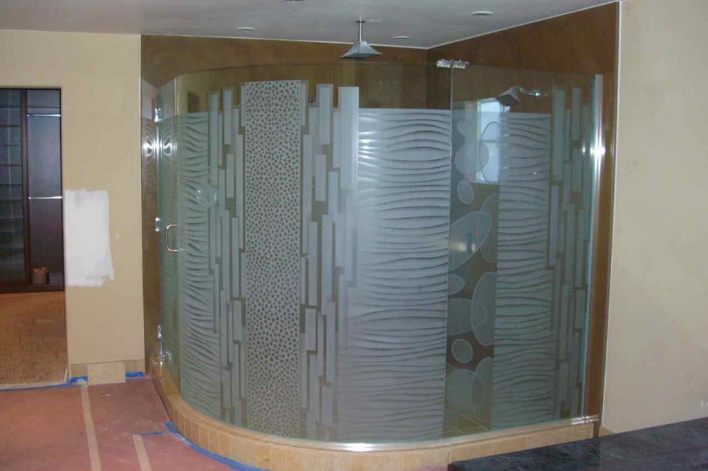 etched carved glass shower enclosure geometric pattern