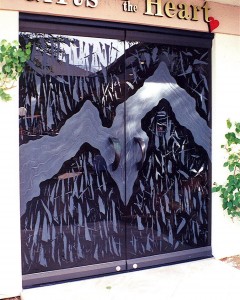 frosted glass doors outside jagged peaks
