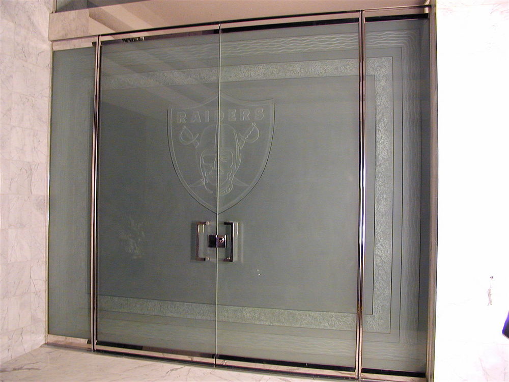 frosted glass doors raiders football team logo sans soucie Glass Doors for Al Davis, Raiders Football Team Owner