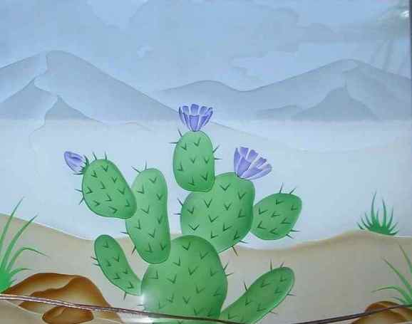 etched glass carved painted pear cactus Painted Glass Window, Pear Cactus in Bloom