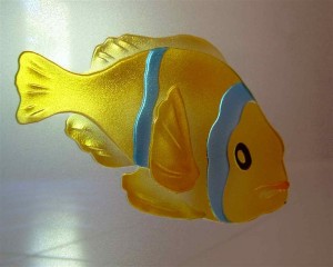 etched glass painted tropical fish Painted Glass Tropical Fish, featured on an interior all glass door.