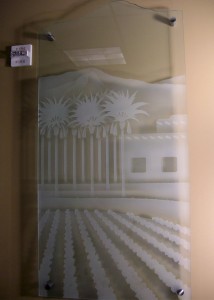etched glass wall art sculpture palm desert history 3 Panel 3: Crops, Date Palms & Adobe