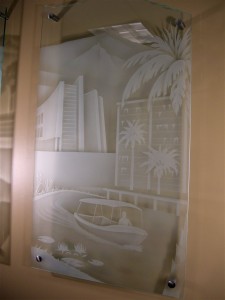 etched glass wall art sculpture palm desert history 5 Panel 5: Gondola at Marriott's Desert Springs & the first university of Palm Desert