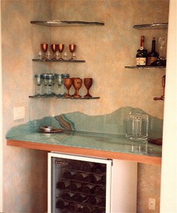 Etched glass bar top with coordinated glass bar shelves, "Moonscape" Texture