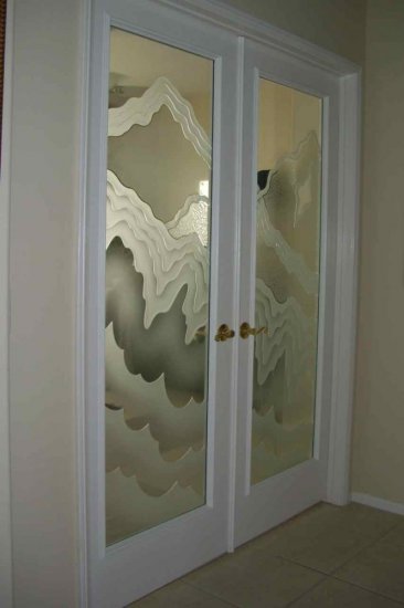 door glass etched rugged retreat sans soucie Door Glass etched and carved with Sans Soucie Rugged Retreat design.