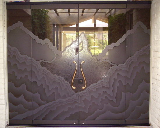 etched glass frameless door entry bronze rugged retreat Frameless Glass Entry, bronze glass etched and carved with Rugged Retreat design.