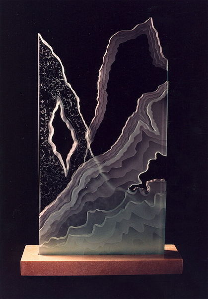 etched glass sculpture rugged retreat sans soucie Etched, carved glass Sculputre in "Rugged Retreat" design.