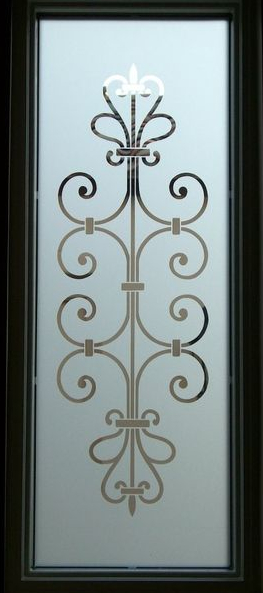etched glass window clear ironwork An Etched Glass Window with a clear ironwork motif. This window will provide some privacy when viewed from a distance, but of course when the glass is closely approached, visibility will be possible through the wide clear bands.