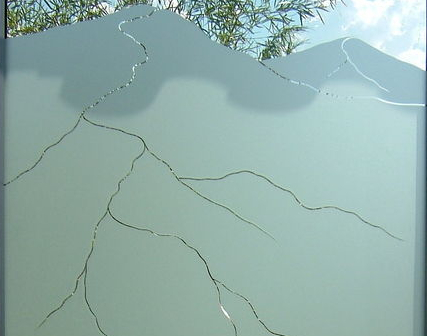 etched glass window solid etch mountains Etched Glass Window SOLID ETCHED, negative or reverse etching method. This is a shower window, etched for privacy in a Mountain Landscape design.