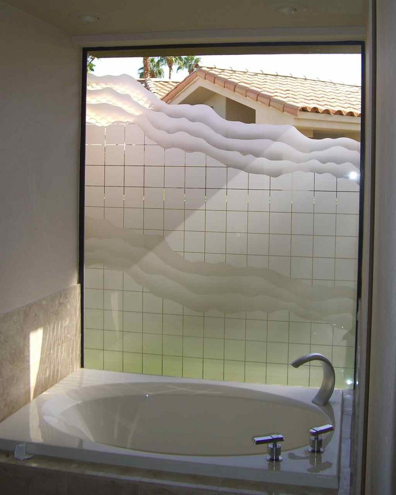 Etched Glass Tub Window.  Geometric squares and waves design.