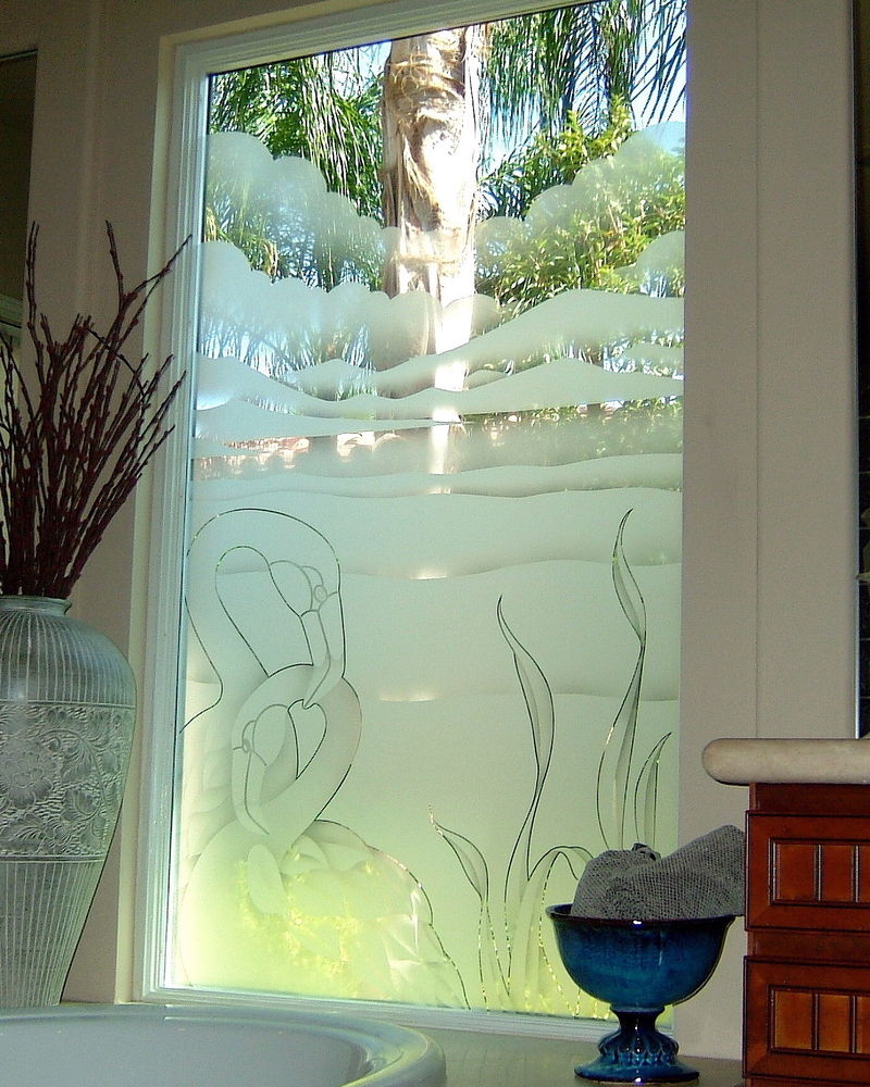 Decorative glass window etched for privacy over tub, in Flamingos Landscape scene.