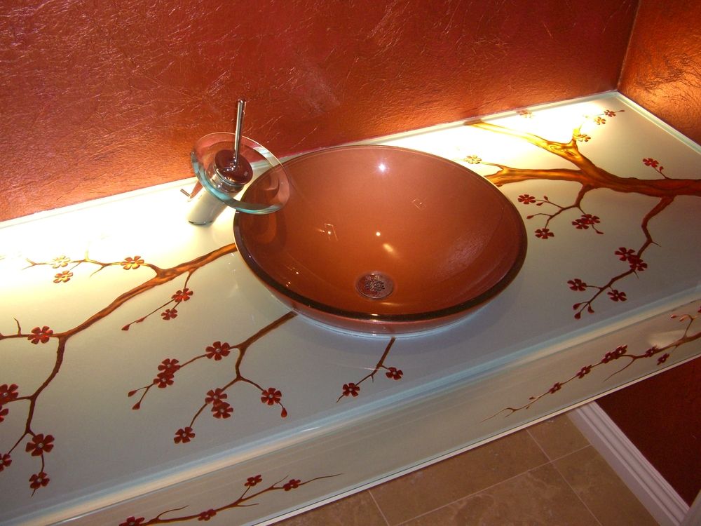 Bath Vanity Glass, Etched & Colored Glass Cherry Blossom Branches & Blossoms.  Glass is lit from beneath.
