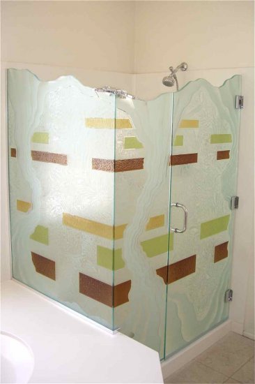 glass shower enclosure custom carved painted Shower enclosure, coordinated with bathroom vanity glass. "Triptic" design.