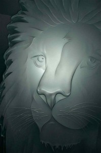 lion carved frosted glass