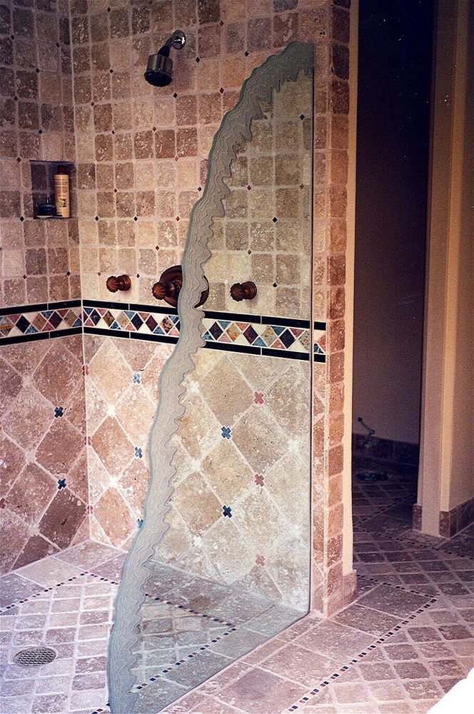 decorative etched glass free standing divider shoreline edge Escalade