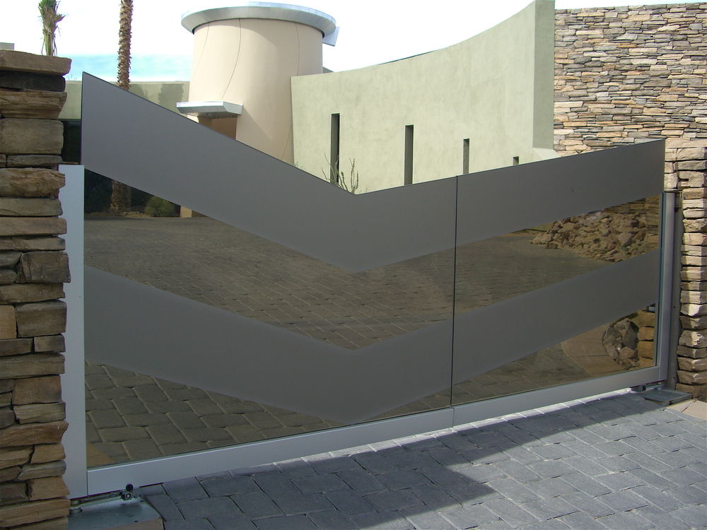 gate glass etched bronze glass gate contemporary "Streamline" All Glass Entry Gate, Frosted Glass design on Bronze Glass