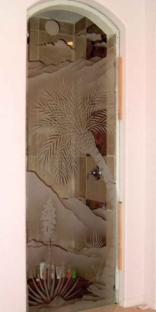 glass shower panel etched glass palm tree Desert Serenity