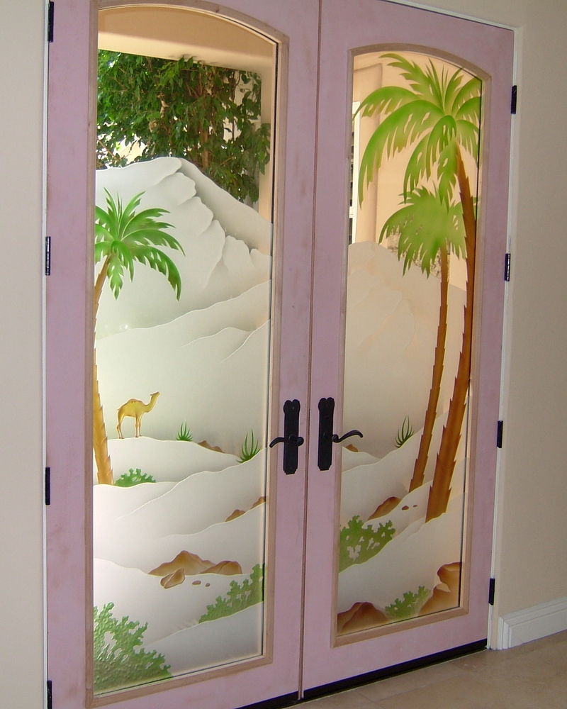 glass door frosted painted pam tree camel mountain