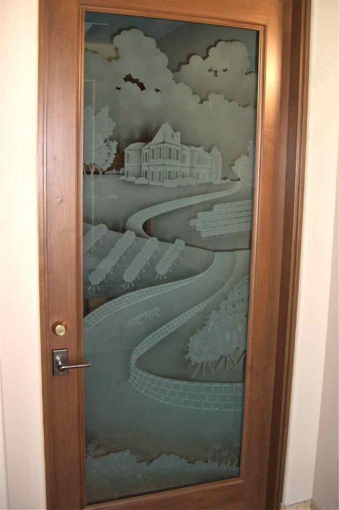 wine cellar door glass etched carved vineyard scene - 2