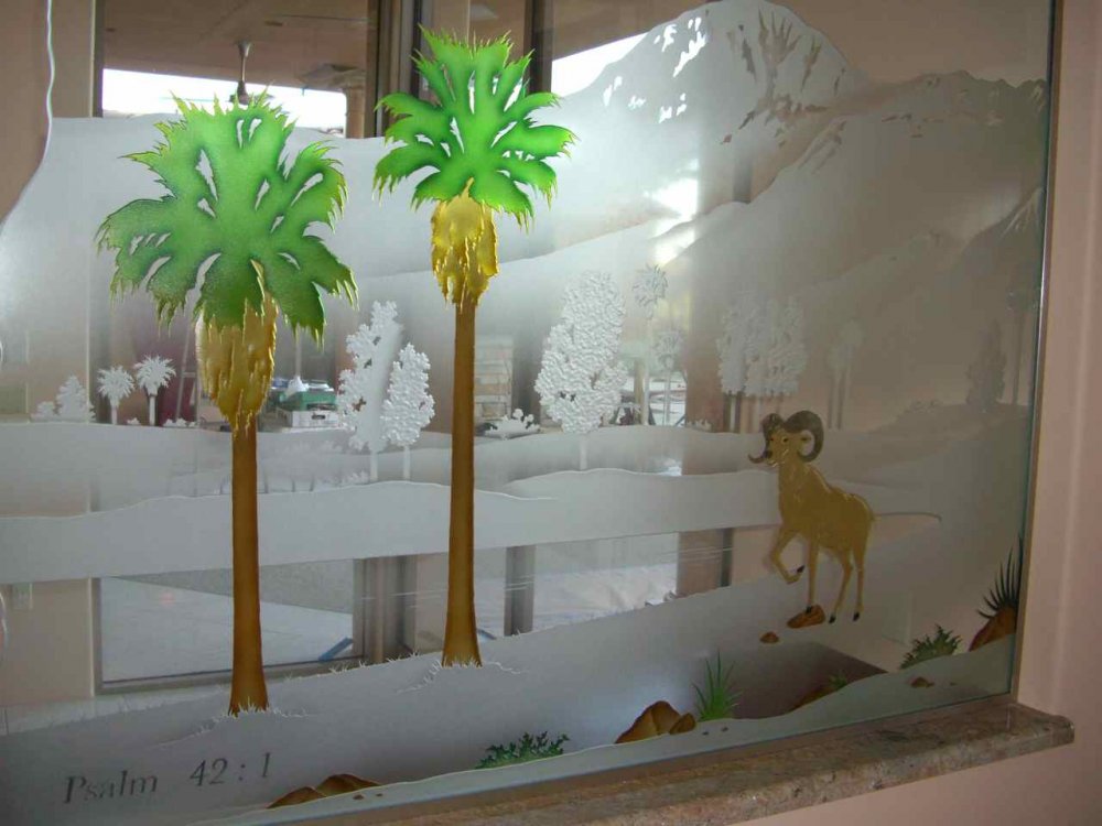 etched glass panel divider palm trees big horn Etched glass panel