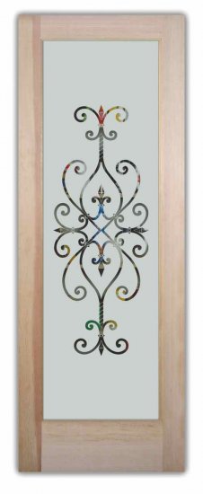 decorative frosted glass door wrought iron motif sans soucie "Ironwork Hearts" Etched Glass Door