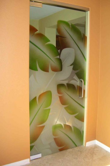 Carved glass frameless glass door.