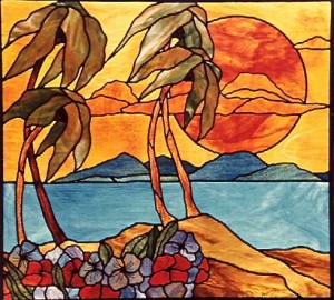 stained glass window palm trees sun Vintage SS Houstin Jul 81