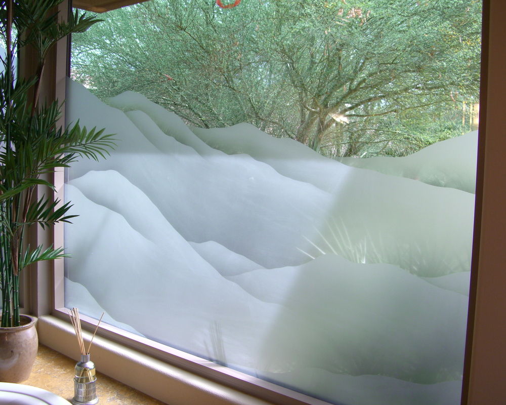 Frosted Glass Window Sans Soucie Art Mountains Shaded