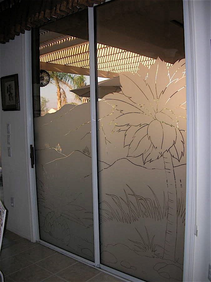 frosted glass door palm tree mountain