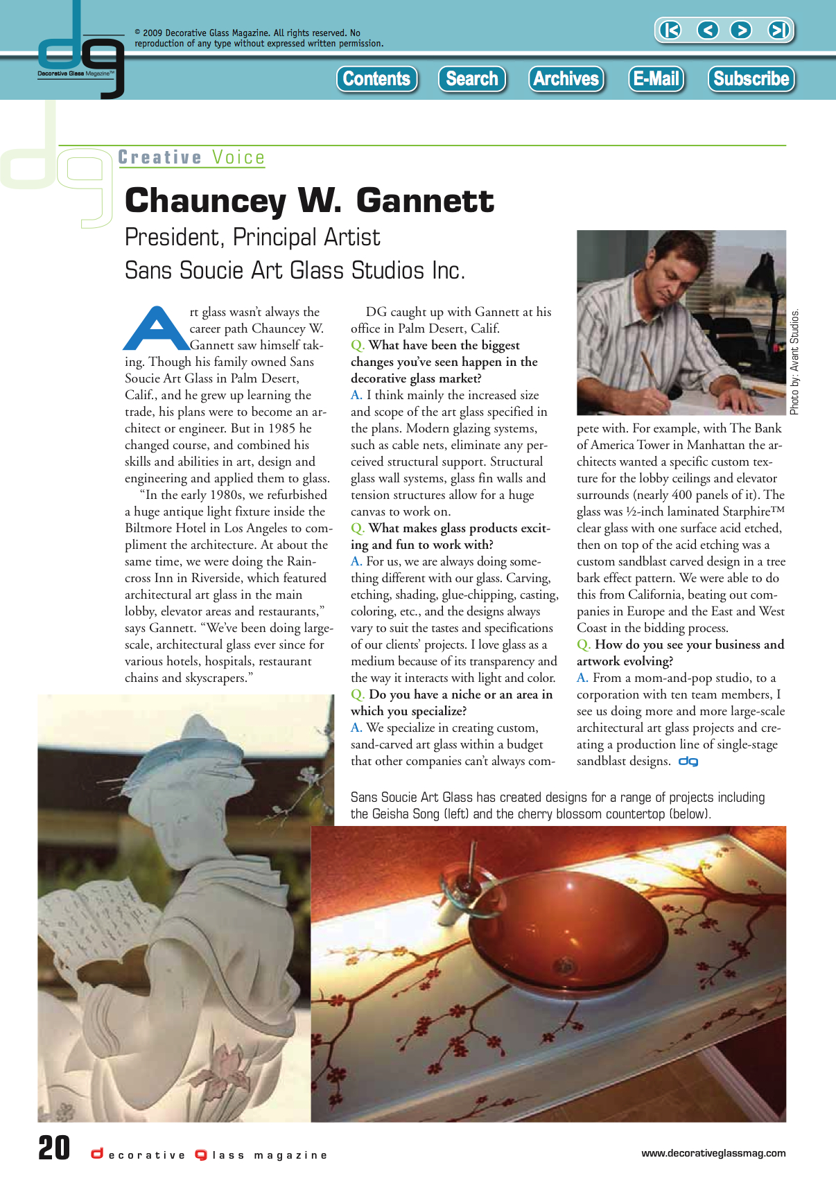 Sans Soucie Art Glass featured in Decorative Glass Magazine Sans