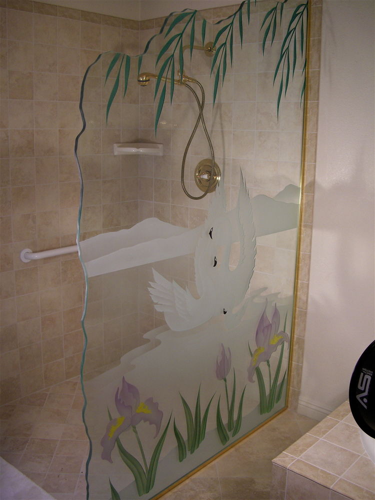 Etched Glass Shower Doors Sans Soucie Art Swan Etched Glass Shower Divider 3d Carved And Painted Chiseled Irregular Edges