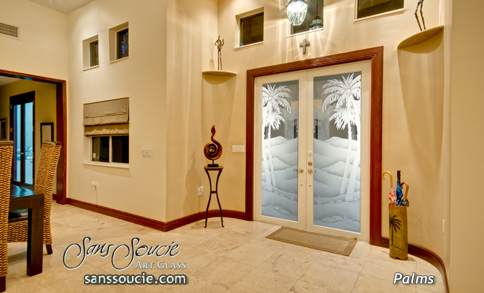 Desert Palms I Etched Gl Doors Western Decor Style Western Decor Style Gl Front Doors Etched Desert Scene