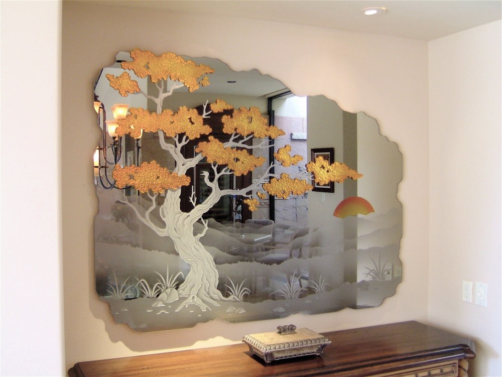 Golden Bonsai Ii 3d Carved Painted Mirrors Sans Soucie Mirrors With Etched Carved And Painted Glass Asian Bonsai By Sans Soucie