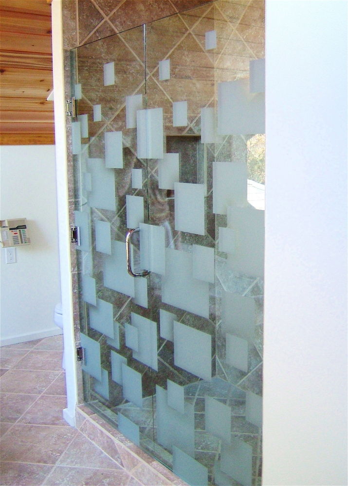 Fltng Sqrs Frmls Gls Shr Doors Etched Glass Modern Style Frameless Glass Shower Doors Etched Modern Style Geometric Patterns Floating Squares Sans Soucie