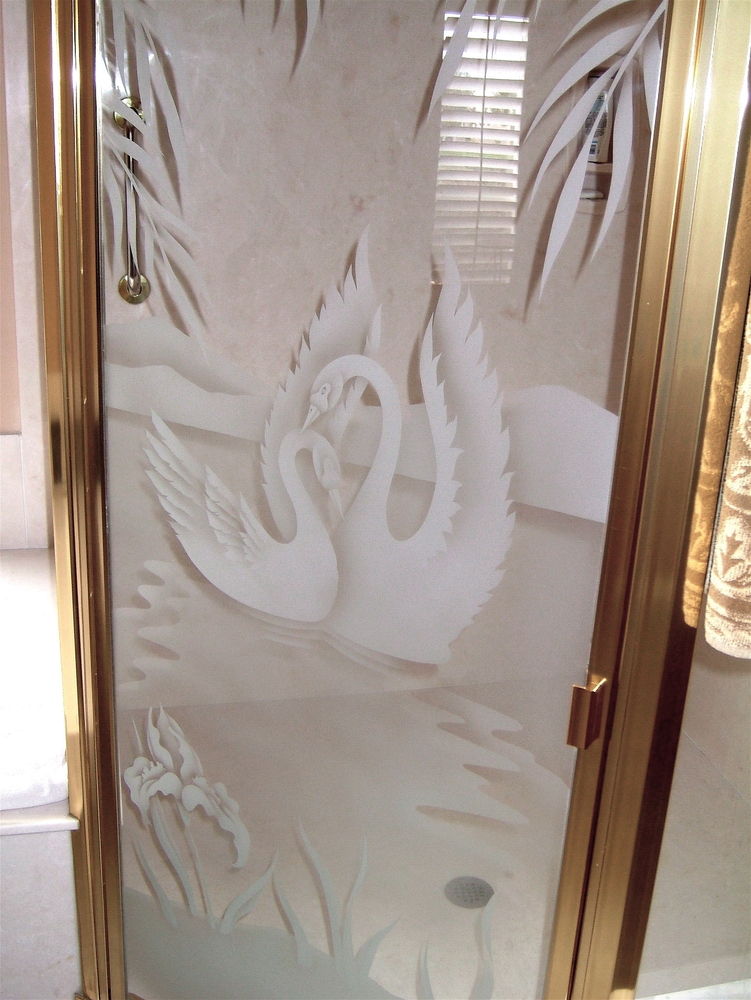 Sn Sg Gls Shr Enclrs Etched Glass English Country Decor Glass Shower Enclosures Etched English Country Decor Pond Foliage Swan Sans Soucie