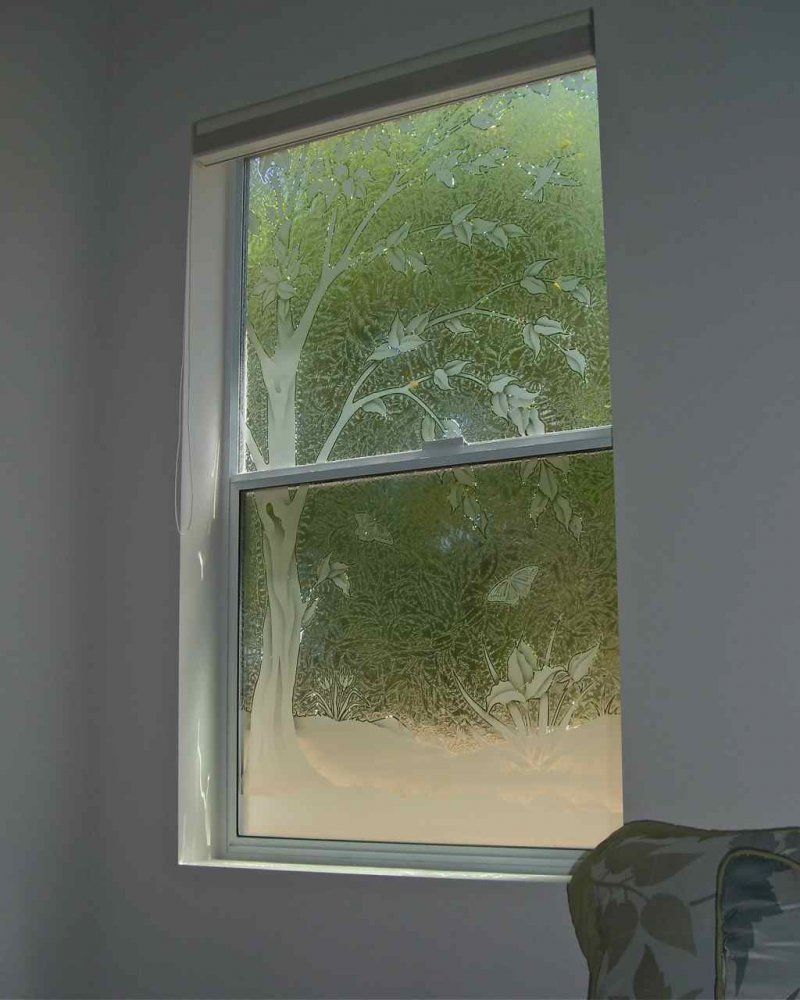 Delicate Saplings Glass Window Etched Glass Asian Design