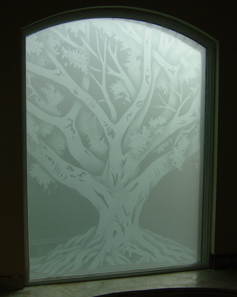 Oak Tree Glass  Window  Etched  Glass  Rustic Design 