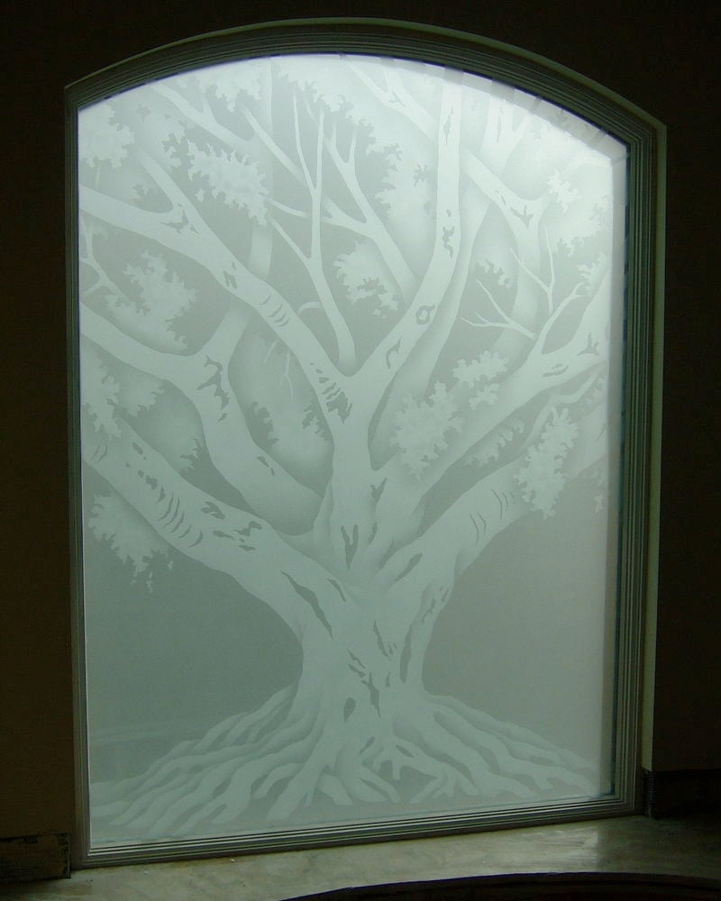 Oak Tree Glass  Window  Etched  Glass  Rustic Design 