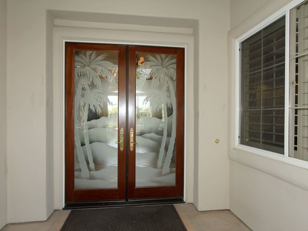 Desert Palms I 3d Etched Glass Doors Western Decor Style Glass Entry Doors Etched Desert Landscape Scene Western