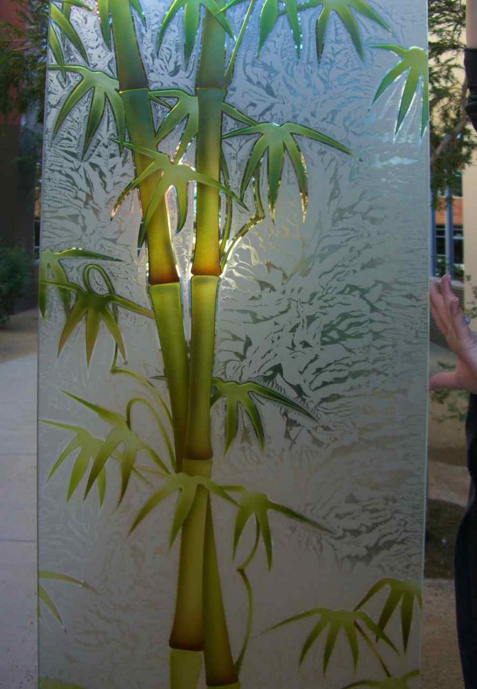 bamboo shoots 3d painted etched glass doors asian decor